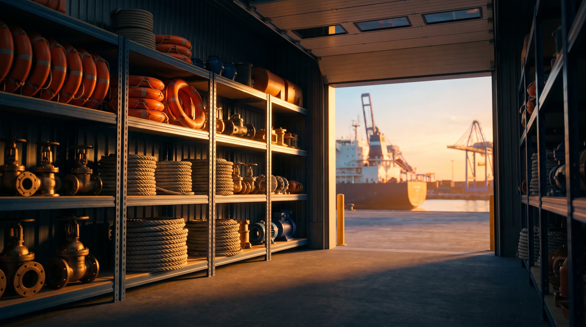 Marine spare parts and safety equipment in a port warehouse